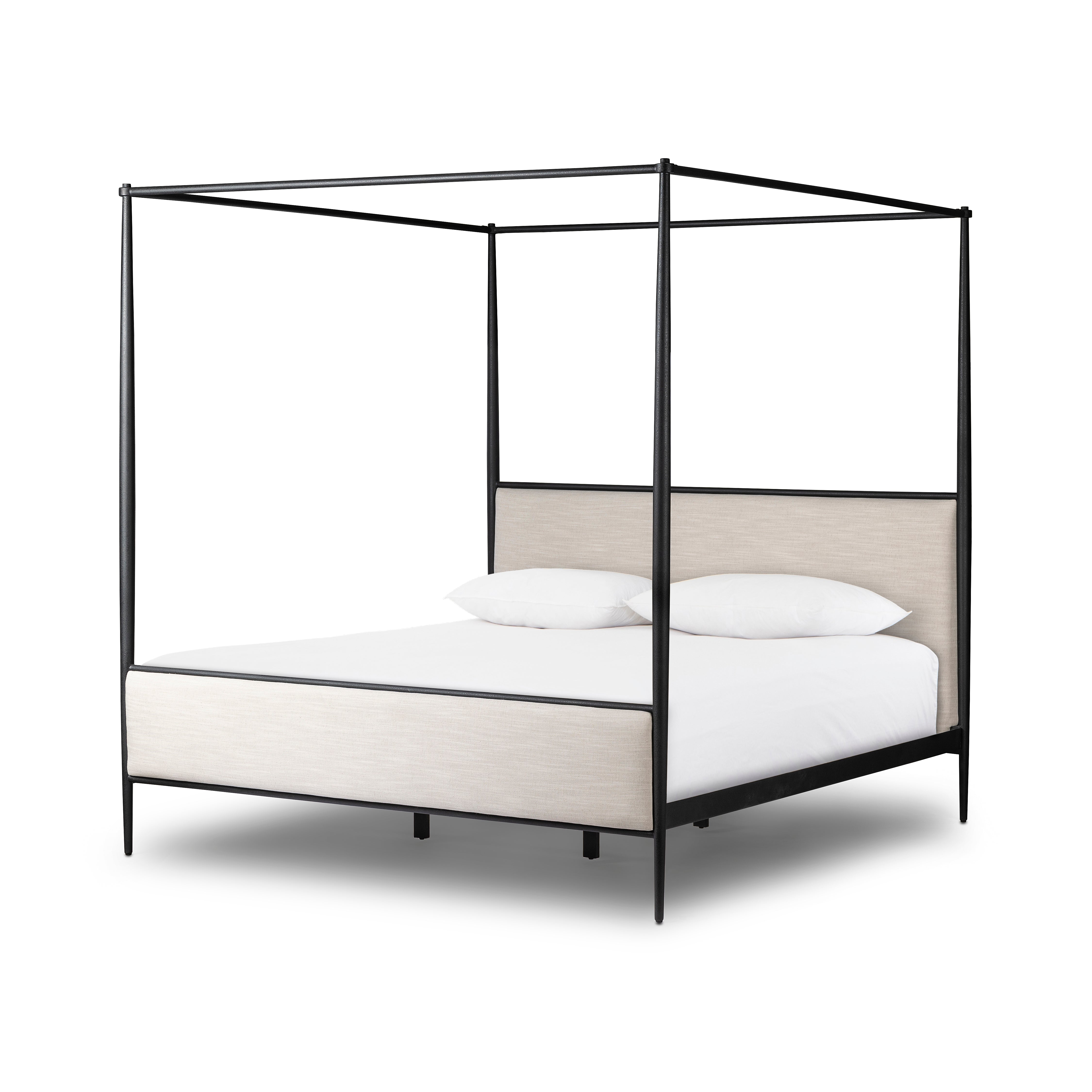Emery Black Iron Canopy Bed with Upholstered Headboard and Footboard