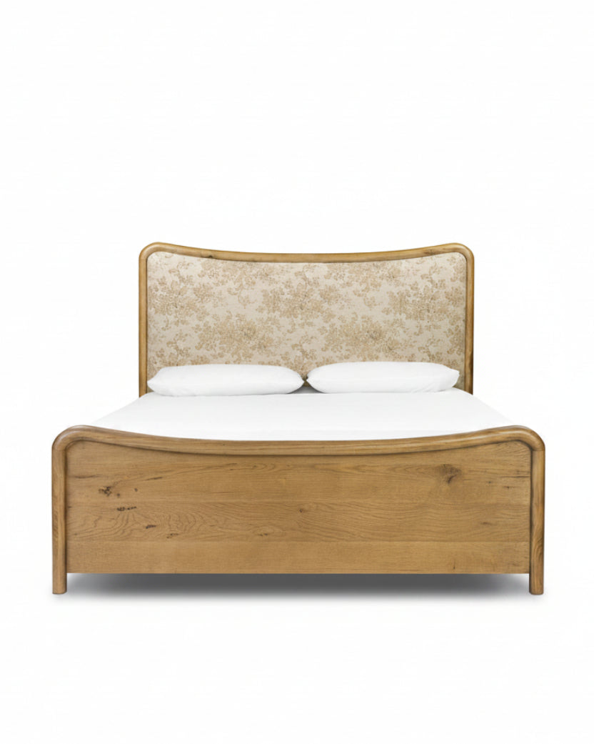 Kennie Upholstered Bed Frame with Carved Solid Oak and Linen Headboard