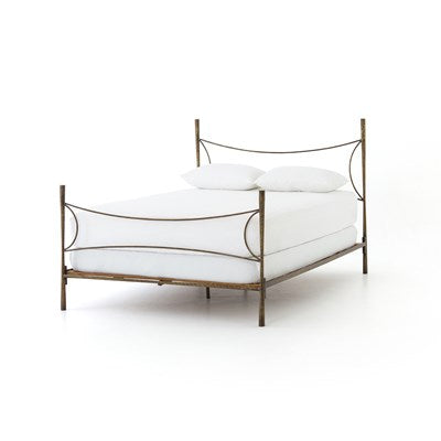 Vivienne Hammered Iron Bed Frame in Antique Brass with Sculptural Curved Headboard