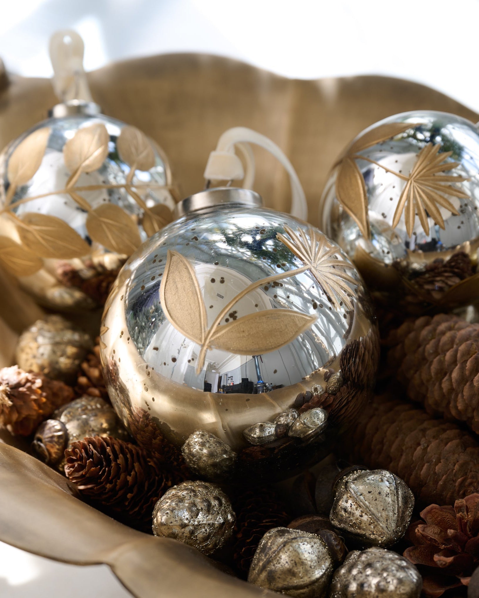 Mercury Glass and Gold Botanical Ornament Set of Six