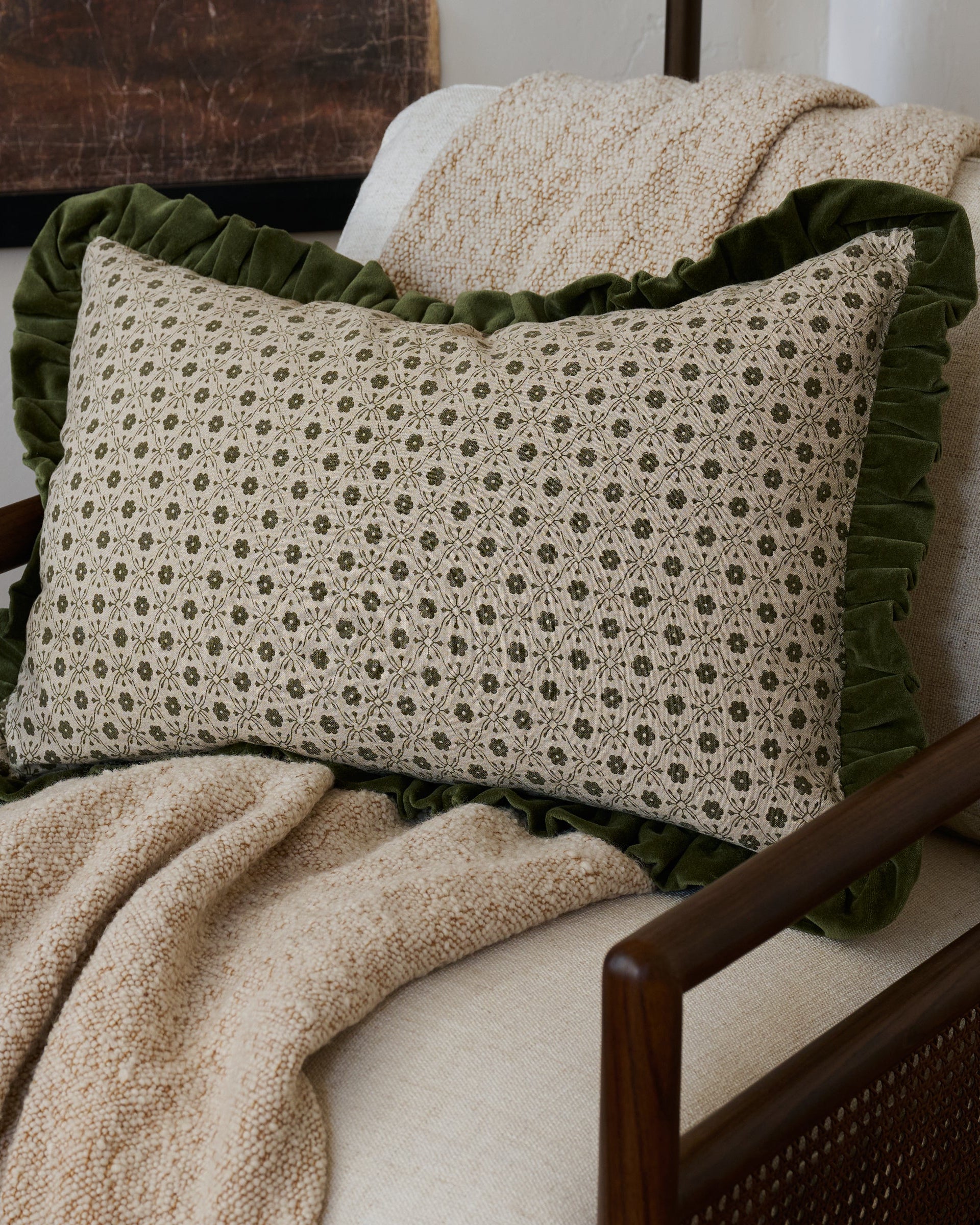 Thea Block Print Pillow with Velvet Ruffle Edge