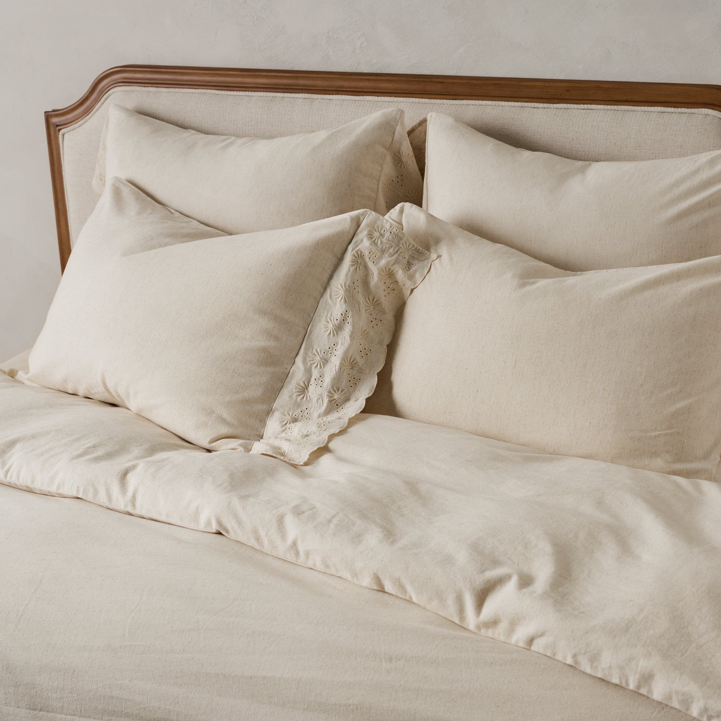 Natural Clara Eyelet Flange Duvet + Sham Set (Queen)
