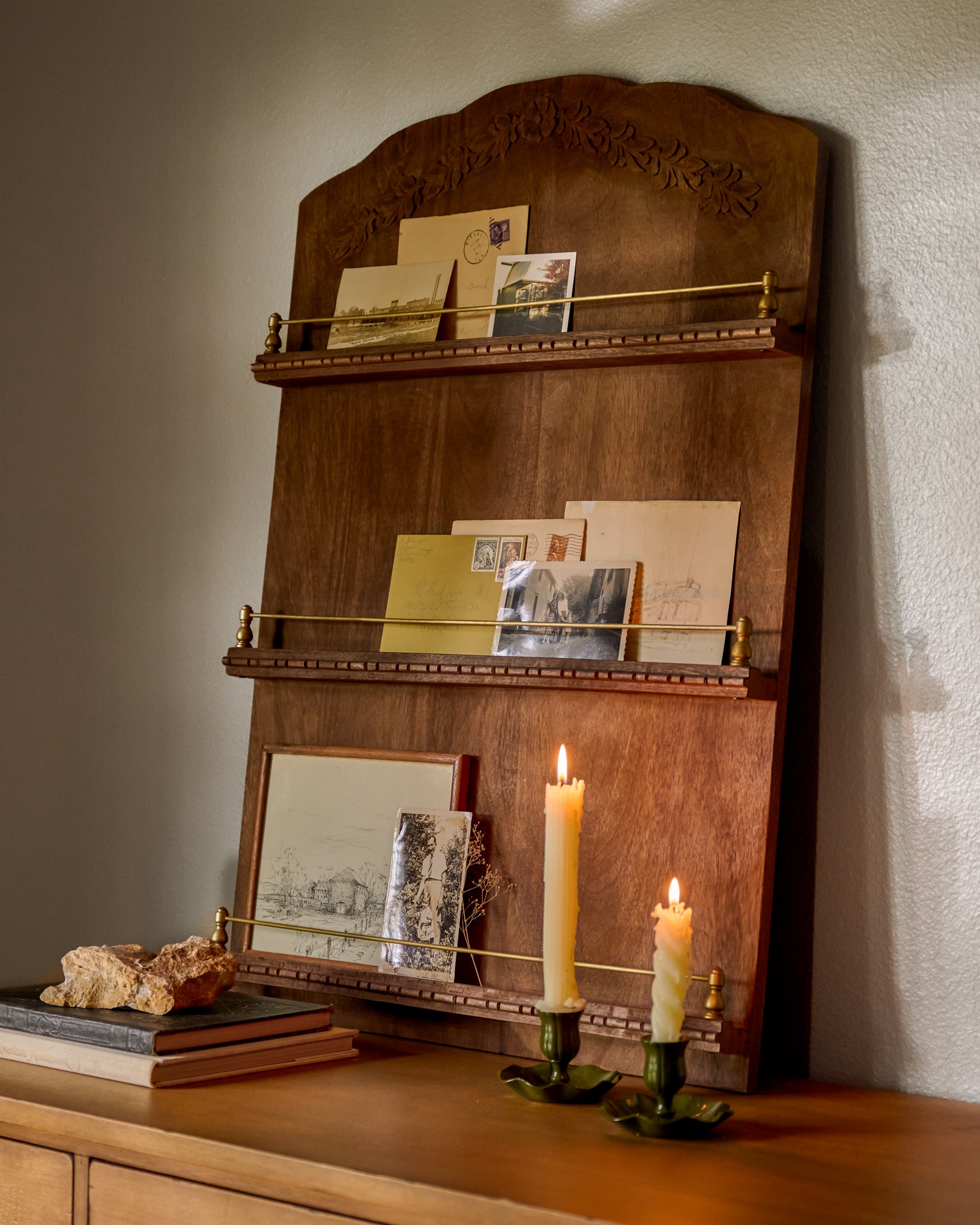 Gloria Carved Wood and Brass Display Shelf