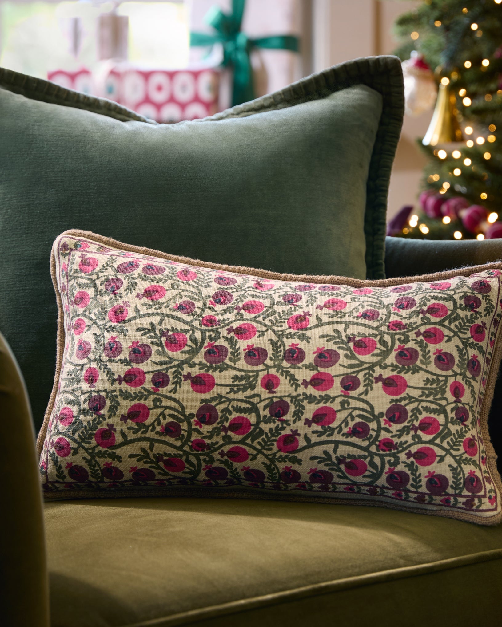 Festive Pomegranate Block Print Small Lumbar Pillow