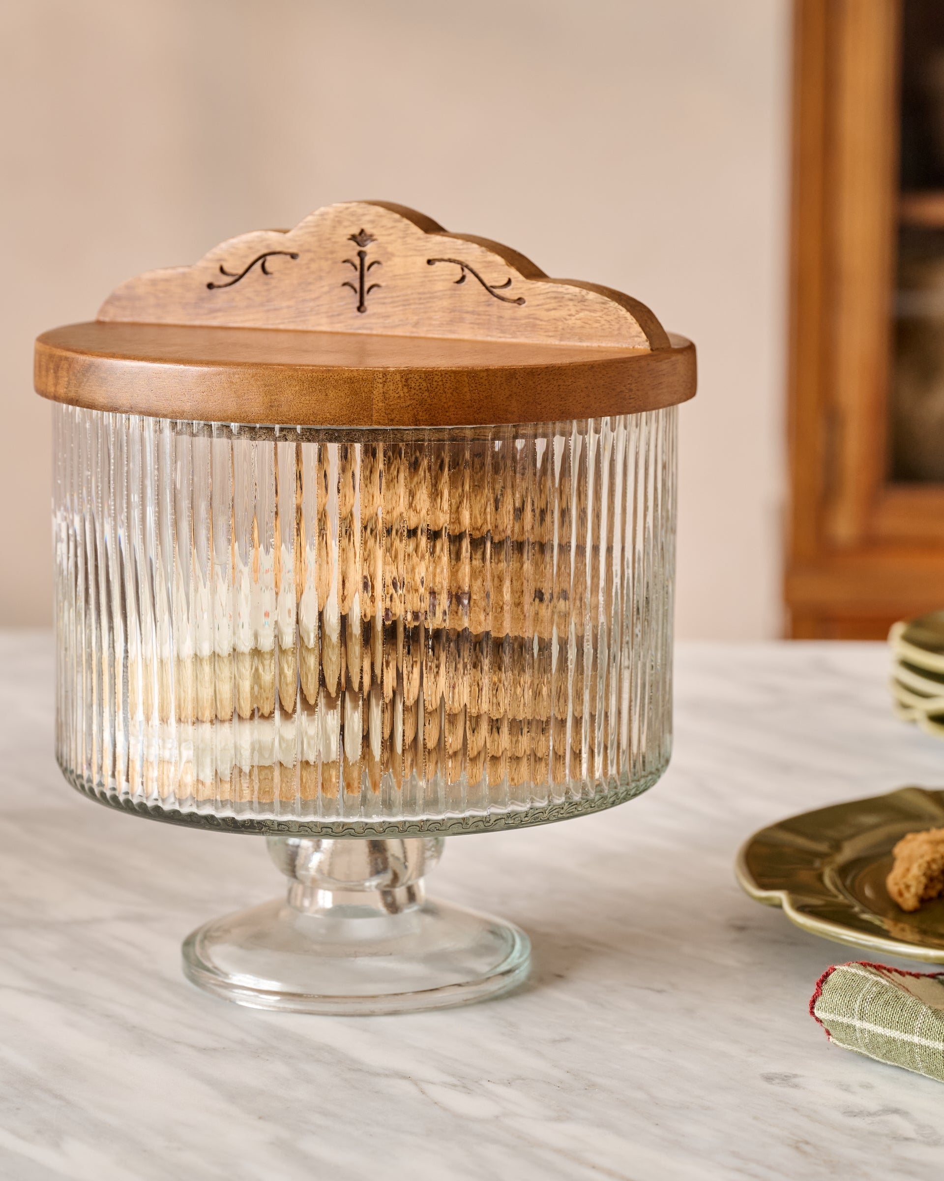 Antiqued Wood Ribbed Glass Pedestal Serving Dish