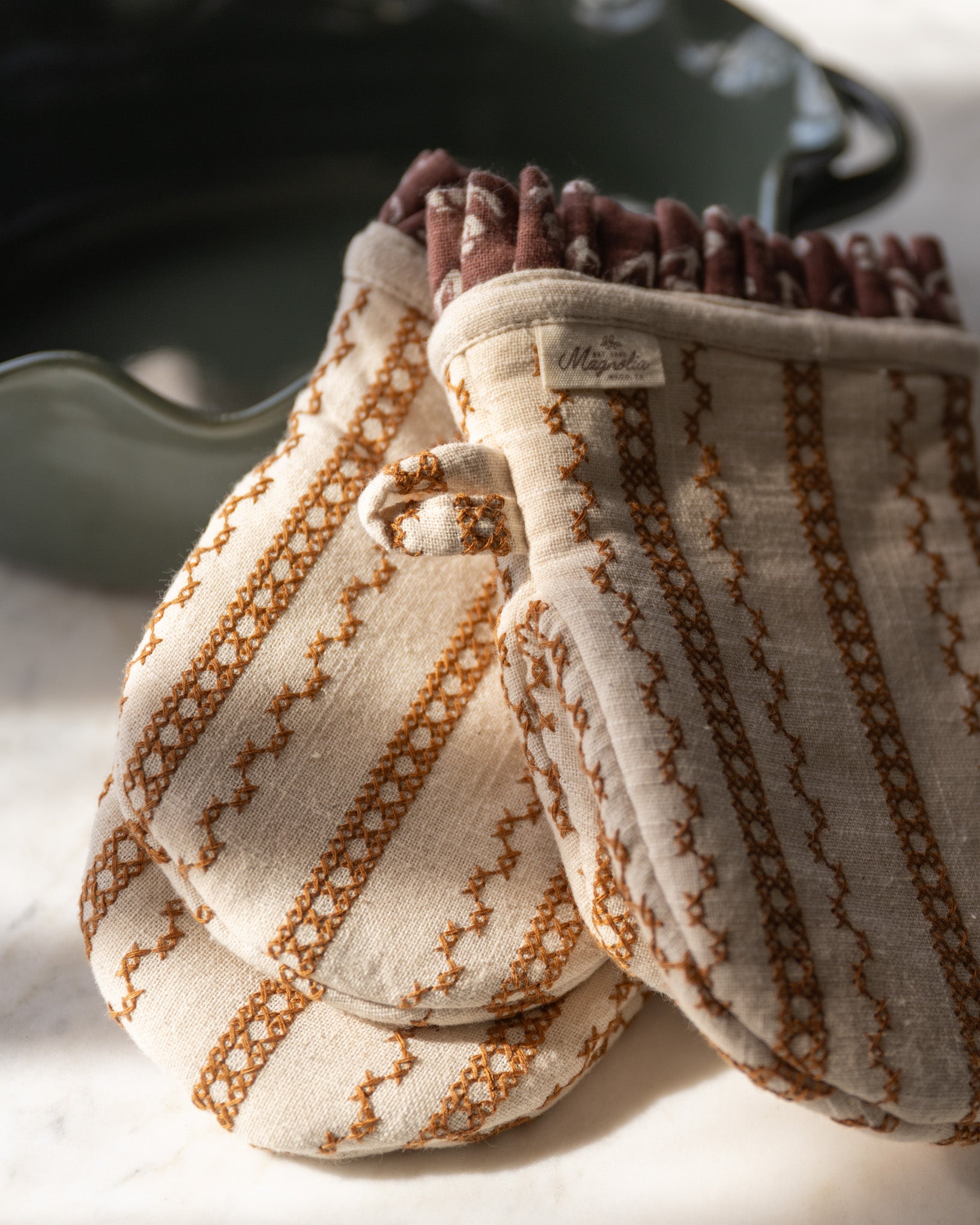 Natural Embroidered Stripe Oven Mitt Set of 2