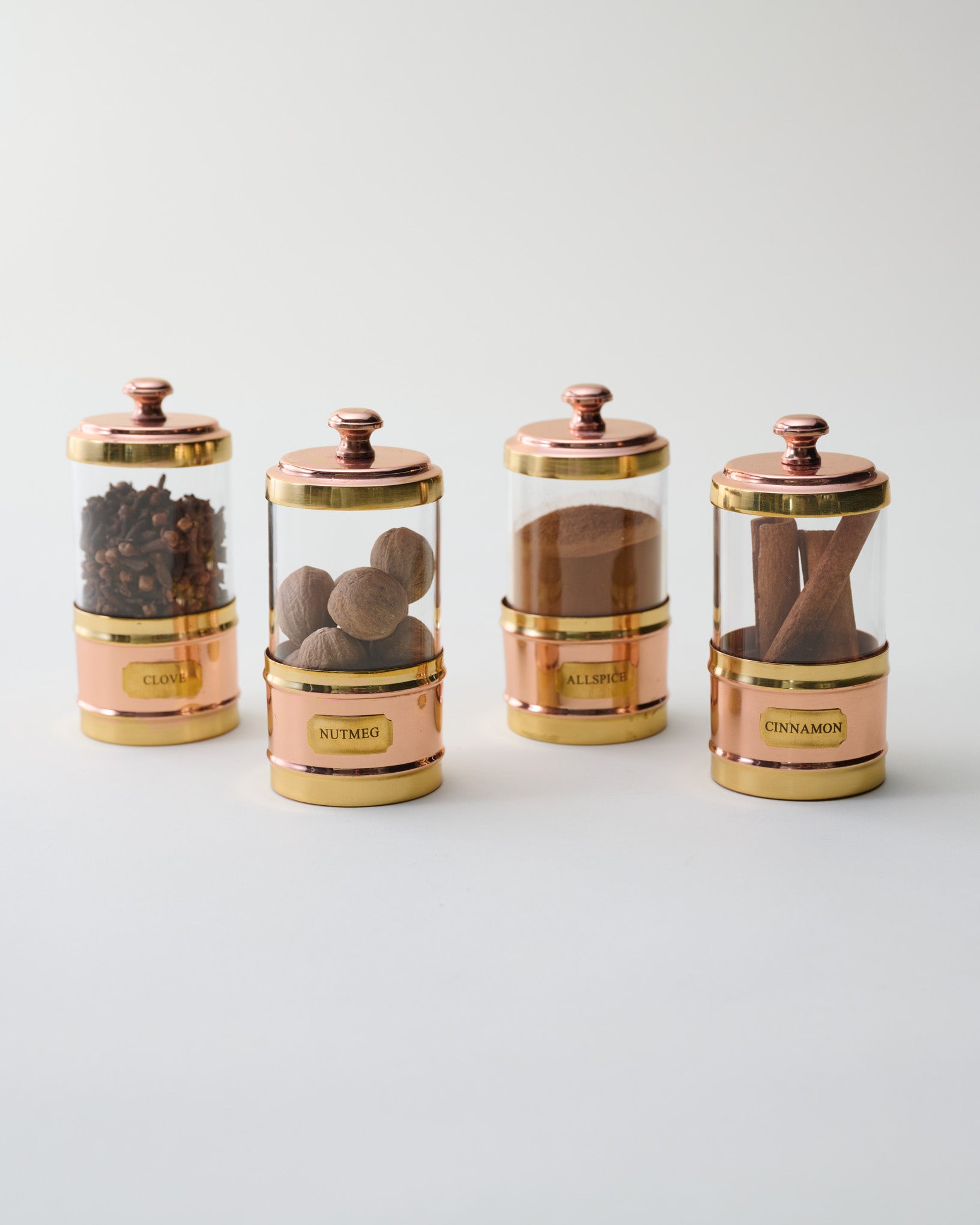 Antique Copper and Glass Spice Jars Set of Four