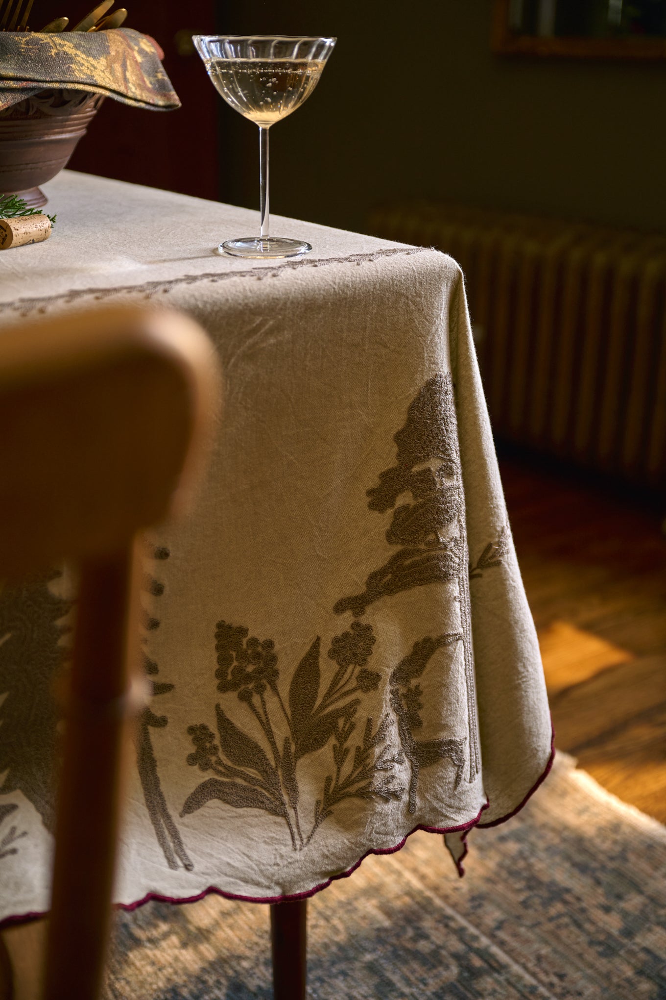 Crewel Embroidered Scalloped Tablecloth - 108"x70"