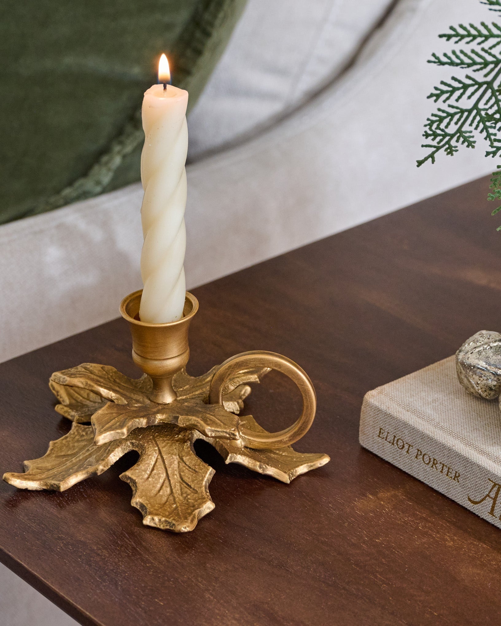 Brass Holly Candle Holder with Handle