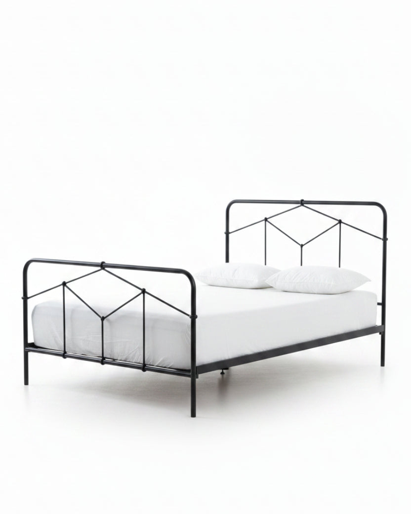 Riley Black Iron Bed Frame with Geometric Headboard, Vintage-Inspired Design